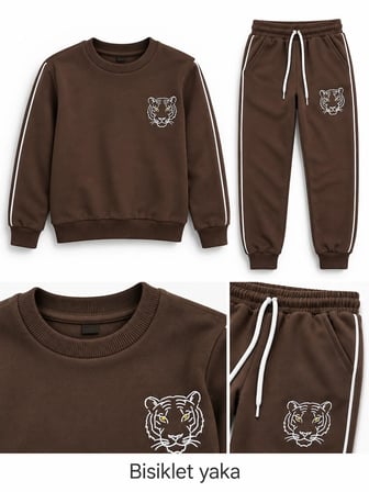 Kahverengi 3 İplik Erkek Çocuk Eşofman Takımı Kaplan Nakışlı Biyeli Sweatshirt ve Jogger Alt