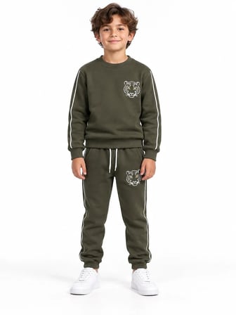 Haki Kaplan Nakışlı 3 İplik Çocuk Eşofman Takımı Bisiklet Yaka Biyeli Sweatshirt ve Jogger Alt