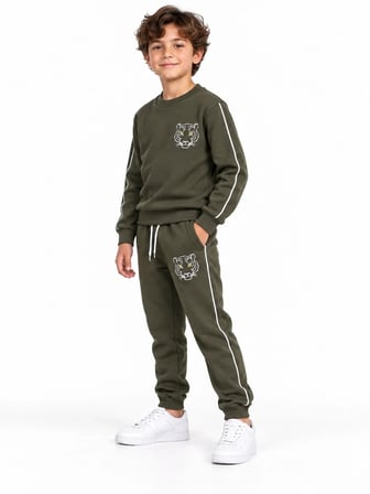 Haki Kaplan Nakışlı 3 İplik Çocuk Eşofman Takımı Bisiklet Yaka Biyeli Sweatshirt ve Jogger Alt