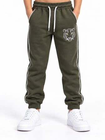 Haki Kaplan Nakışlı 3 İplik Çocuk Eşofman Takımı Bisiklet Yaka Biyeli Sweatshirt ve Jogger Alt