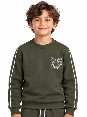 Haki Kaplan Nakışlı 3 İplik Çocuk Eşofman Takımı Bisiklet Yaka Biyeli Sweatshirt ve Jogger Alt