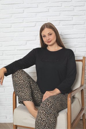 Büyük Beden Uzun Kollu Leopar Desen Milan Pijama Takımı