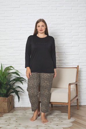 Büyük Beden Uzun Kollu Leopar Desen Milan Pijama Takımı