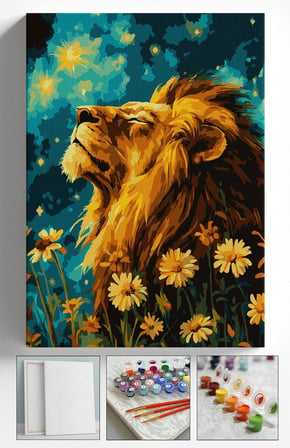 Sayılarla Boyama Seti Numaralı Tuval Fırça Boya Askı Aparatı Dahil Set 40x50 Cm - ASLAN VE ÇİÇEK