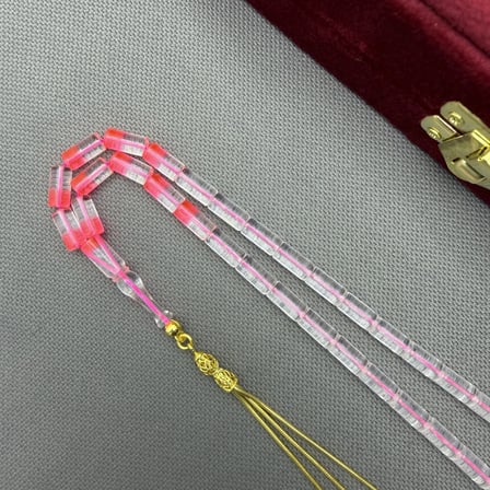 925 Ayar Gümüş Püsküllü Özel Tasarım Kesme Model Pembe Detaylı Alman Bakalit Tespih