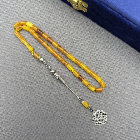 Alpaka Püsküllü Karamel Kahve Kapsül Kesim Bilek Boy Sıkma Kehribar Tespih