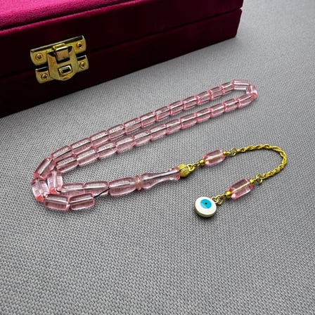 Nazar Boncuğu Detaylı Pirinç Püsküllü Bilek Boy Kapsül Kesim Pembe Uçak Camı Tespih