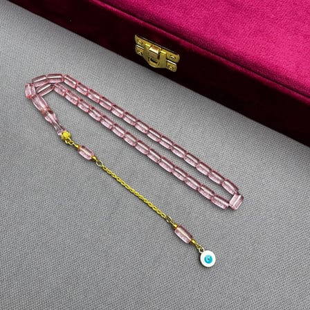 Nazar Boncuğu Detaylı Pirinç Püsküllü Bilek Boy Kapsül Kesim Pembe Uçak Camı Tespih