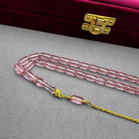 Nazar Boncuğu Detaylı Pirinç Püsküllü Bilek Boy Kapsül Kesim Pembe Uçak Camı Tespih