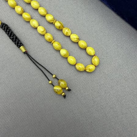 Emine Reşvani Usta İmzalı Makrome El Örgüsü Özel Tasarım Sarı Yoğun Hareli Sıkma Bilek Boy Kehribar Tespih
