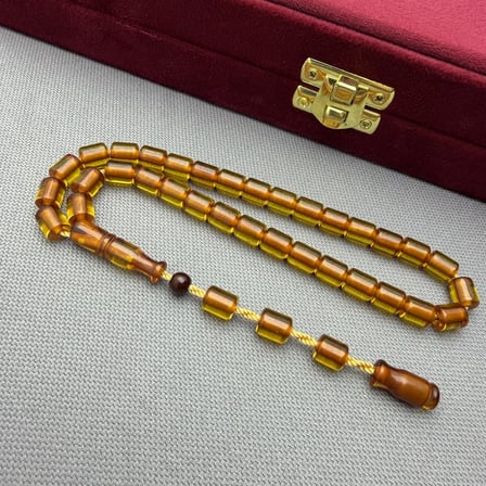 Sistem Püsküllü Açık Amber Rengi Kapsül Kesim Sıkma Kehribar Tespih