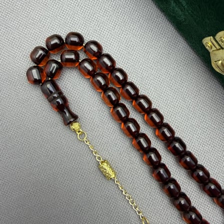 Sarı Alpaka Püsküllü Amber Rengi Özel Döküm Kapsül Kesim Havşa Delim Sıkma Kehribar Tespih