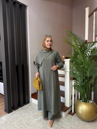 Asimetrik Yakalı Modal Kumaş Pantolonlu Takım – Gri | Siyah | Haki | Vizon