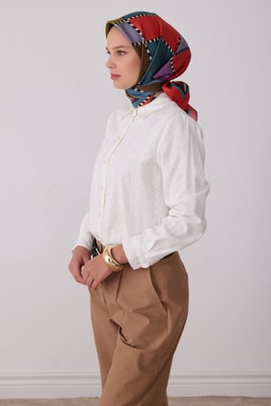 Geometrik Desen %100 Twill İpek Eşarp BE19-84