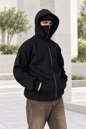 Asmedo Erkek Sweatshirt - Samuray Ninja Çift Kapşonlu Zip Fermuarlı Kanguru Çepli Tam Fermuarlı Swet