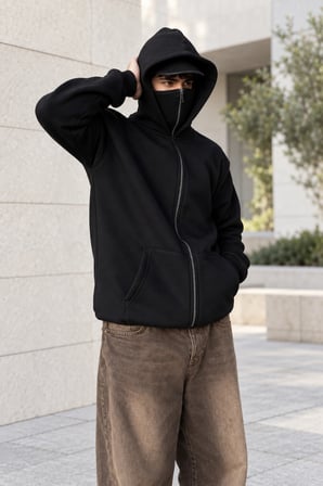 Asmedo Erkek Sweatshirt - Samuray Ninja Çift Kapşonlu Zip Fermuarlı Kanguru Çepli Tam Fermuarlı Swet