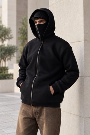 Asmedo Erkek Sweatshirt - Samuray Ninja Çift Kapşonlu Zip Fermuarlı Kanguru Çepli Tam Fermuarlı Swet