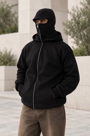 Asmedo Erkek Sweatshirt - Samuray Ninja Çift Kapşonlu Zip Fermuarlı Kanguru Çepli Tam Fermuarlı Swet