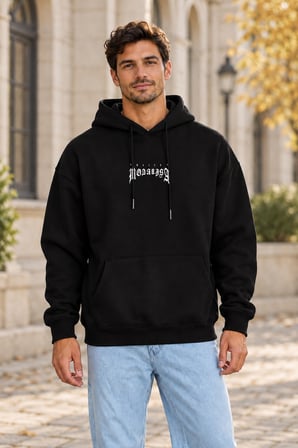 Asmedo Erkek Sweatshirt - Baskılı Ve - Siyah, Kapüşonlu, Kanguru Cepli, Üç iplik içi Pamuklu