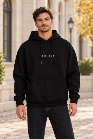 Asmedo Erkek Oversize Sweatshirt - Pamuklu Baskılı Cepli, Kapüşonlu, 3 İplik