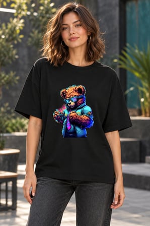 Asmedo T-Shirt - Kadın Oversize Tişört - Baskılı Rahat Kalıp Günlük, Kısa Kollu, Bisiklet Yaka, Peny