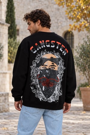 Asmedo Erkek Sweatshirt - Pamuklu Gangster Baskılı, Bisiklet Yaka, 3 İplik
