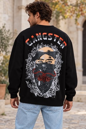 Asmedo Erkek Sweatshirt - Pamuklu Gangster Baskılı, Bisiklet Yaka, 3 İplik
