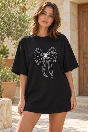 Asmedo T-Shirt - Kadın Oversize Tişört - Fiyonk Baskılı, Kısa Kollu, Bisiklet Yaka, Penye Compack