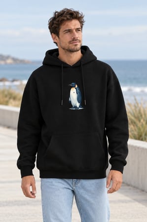 Asmedo Erkek Sweatshirt - Survivor Penguin Baskılı Pamuklu Siyah, Kapüşonlu, 3 İplik