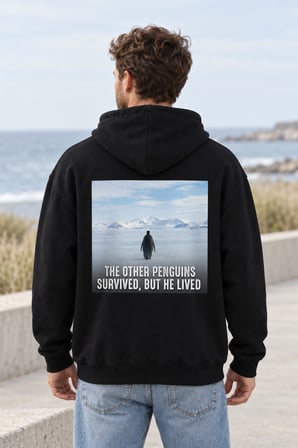 Asmedo Erkek Sweatshirt - Survivor Penguin Baskılı Pamuklu Siyah, Kapüşonlu, 3 İplik