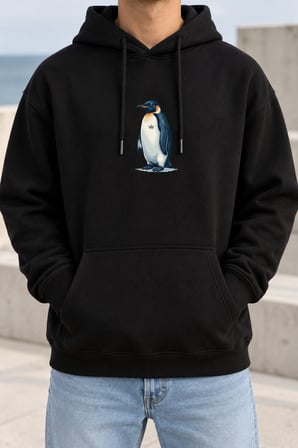 Asmedo Erkek Sweatshirt - Survivor Penguin Baskılı Pamuklu Siyah, Kapüşonlu, 3 İplik