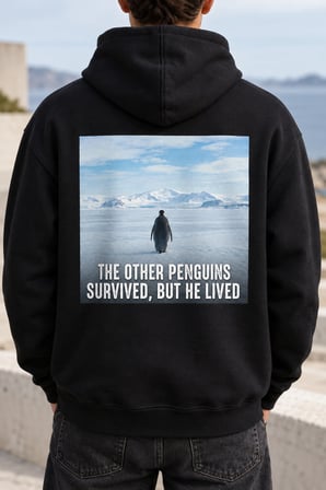 Asmedo Erkek Sweatshirt - Survivor Penguin Baskılı Pamuklu Siyah, Kapüşonlu, 3 İplik