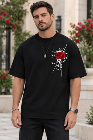 Asmedo T-Shirt - Erkek Tişört - Yazlık Gül Baskılı, Kısa Kollu, Bisiklet Yaka, Pamuk Cotton - Polyes