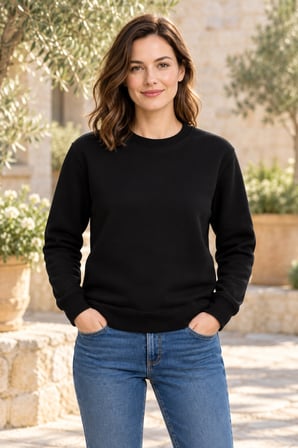 Asmedo Kadın Sweatshirt - Pamuklu Düz, Bisiklet Yaka, 3 İplik, İplik Penye içi Pamuk Şardonlu