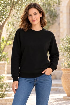 Asmedo Kadın Sweatshirt - Pamuklu Düz, Bisiklet Yaka, 3 İplik, İplik Penye içi Pamuk Şardonlu