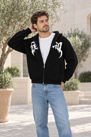 Asmedo Hırka - Erkek Oversize Sweatshirt - Önü Baskılı Fermuarlı, Kapüşonlu, Şardonlu, 3 İplik