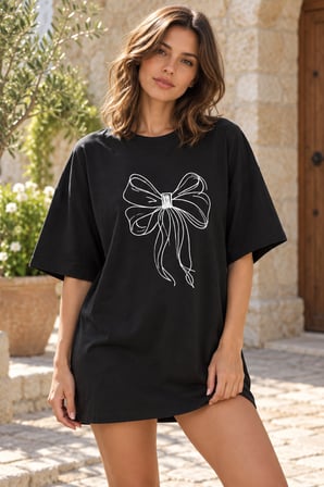 Asmedo T-Shirt - Kadın Oversize Tişört - Fiyonk Baskılı, Kısa Kollu, Bisiklet Yaka, Penye Compack