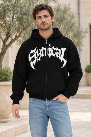 Asmedo Hırka - Erkek Oversize Sweatshirt - Önü Baskılı Fermuarlı, Kapüşonlu, Şardonlu, 3 İplik