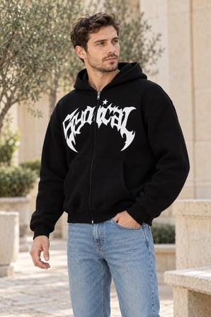 Asmedo Hırka - Erkek Oversize Sweatshirt - Önü Baskılı Fermuarlı, Kapüşonlu, Şardonlu, 3 İplik