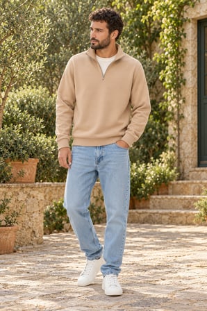 Asmedo Erkek Sweatshirt - Pamuklu Yarım Farmuarlı Yakalı, Uzun Kollu, 3 İplik