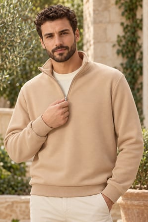 Asmedo Erkek Sweatshirt - Pamuklu Yarım Farmuarlı Yakalı, Uzun Kollu, 3 İplik