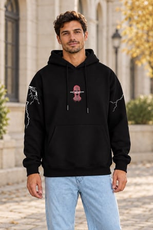 Asmedo Erkek Oversize Sweatshirt - Pamuklu Baskılı Cepli, Kapüşonlu, 3 İplik