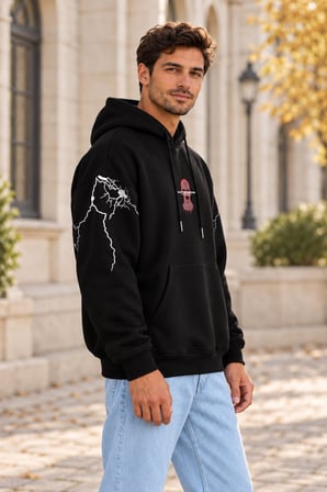 Asmedo Erkek Oversize Sweatshirt - Pamuklu Baskılı Cepli, Kapüşonlu, 3 İplik