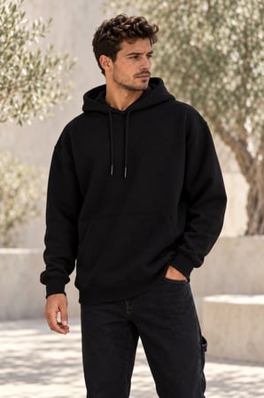 Asmedo Erkek Sweatshirt - Pamuklu Cepli Düz, Kapüşonlu, 3 İplik