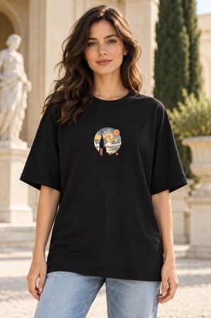 Asmedo T-Shirt - Kadın Oversize Tişört - Baskılı Rahat Kalıp, Kısa Kollu, Bisiklet Yaka, Penye