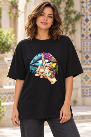 Asmedo T-Shirt - Kadın Oversize Tişört - Baskılı Rahat Kalıp Günlük, Kısa Kollu, Bisiklet Yaka, Peny