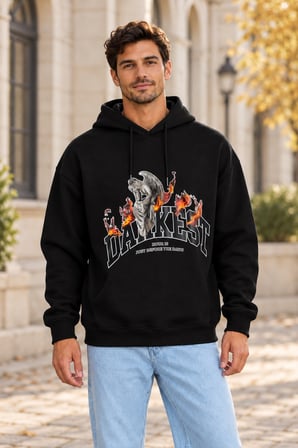 Asmedo Erkek Oversize Sweatshirt - Pamuklu Baskılı Cepli, Kapüşonlu, 3 İplik