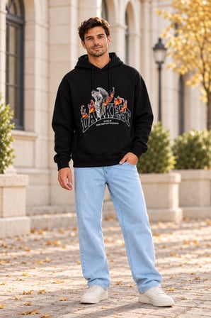 Asmedo Erkek Oversize Sweatshirt - Pamuklu Baskılı Cepli, Kapüşonlu, 3 İplik