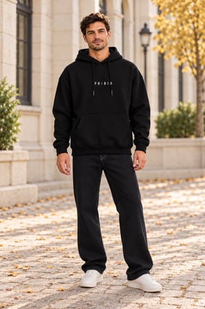Asmedo Erkek Oversize Sweatshirt - Pamuklu Baskılı Cepli, Kapüşonlu, 3 İplik