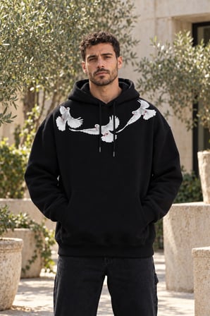 Asmedo Erkek Oversize Sweatshirt - Pamuklu Baskılı Cepli, Kapüşonlu, 3 İplik